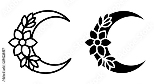 Floral Crescent Moon Vector Icons, Celestial Body Graphics, Mystical Night Sky Elements