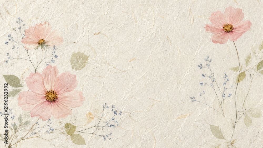Fototapeta premium Pink cosmos flowers on handmade paper background for vintage wedding invite.