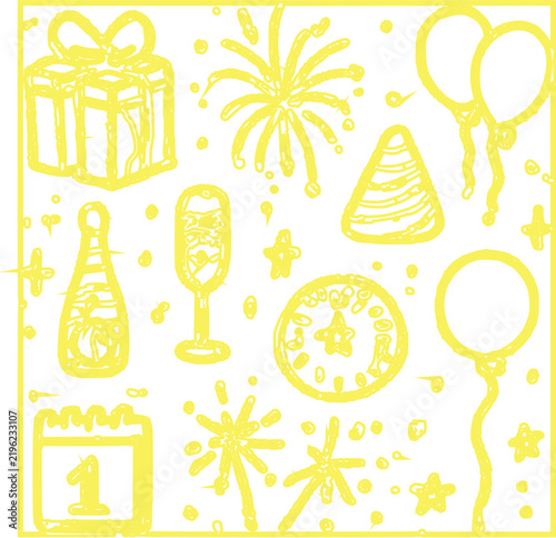Happy New Year Celebration Icons with Gift, Fireworks, Balloons, Champagne,  Clock and adobe Illustrations Artwork