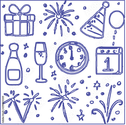 Happy New Year Celebration Icons with Gift, Fireworks, Balloons, Champagne,  Clock and adobe Illustrations Artwork