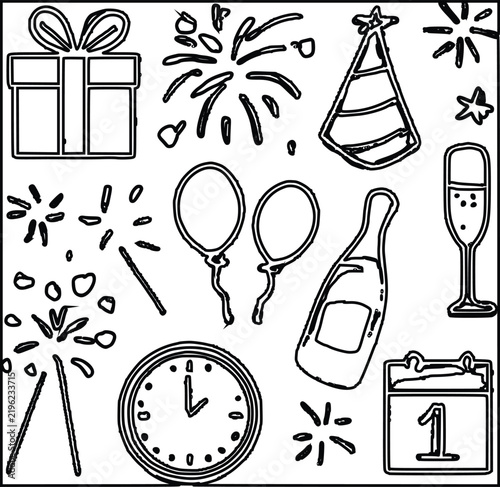 Happy New Year Celebration Icons with Gift, Fireworks, Balloons, Champagne,  Clock and adobe Illustrations Artwork