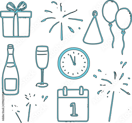 Happy New Year Celebration Icons with Gift, Fireworks, Balloons, Champagne,  Clock and adobe Illustrations Artwork