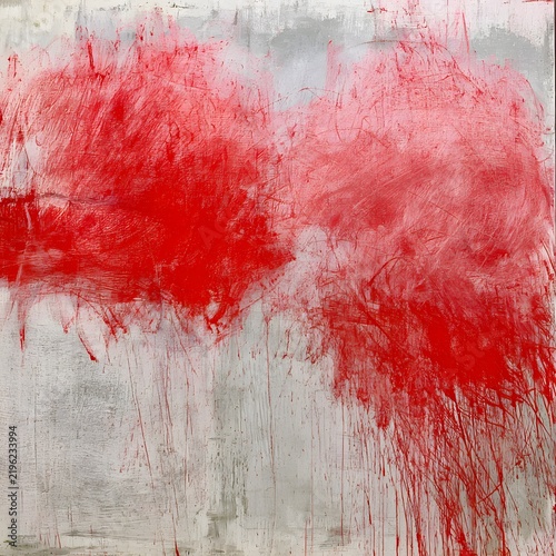 Abstract Contemporary Painting with Red Brushstrokes and Delicate Multicolor Scratches