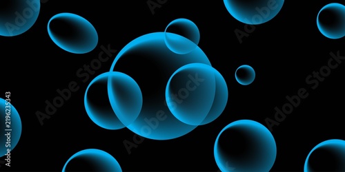 Futuristic abstract black background with glowing cyan blue transparent 3D spheres, neon light effects, soft gradients, and modern technology aesthetic