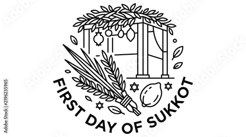 Sukkot holiday illustration depicts a lulav, etrog and sukkah on a white background