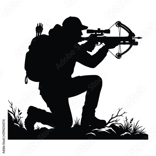 Hunter kneeling with compound bow and scope aiming in outdoor setting