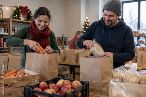 Volunteers packing groceries for a holiday donation drive