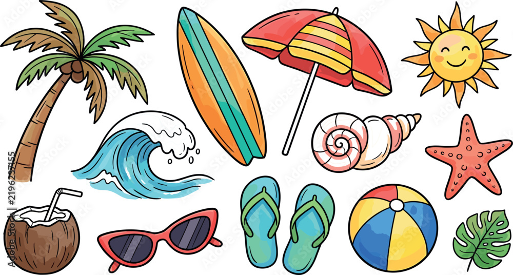 Fototapeta premium Tropical Summer Beach Vacation Surf Clipart Hand Drawn Vector Set