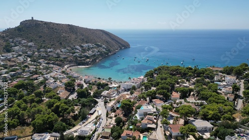 Vista aerea con dron de la cala de El Portet en Moraira, Alicante