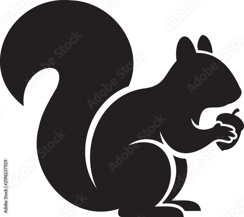 Black silhouette of a cute squirrel holding a delicious acorn designed as a clean minimalist vector icon for nature projects on a plain white background