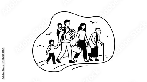 Family migration illustration, people walking with luggage, seeking new home, hope