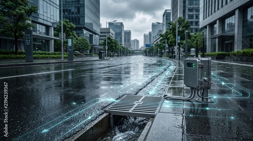 Smart storm drain sensor monitoring urban water runoff during a heavy rainstorm in modern city streets