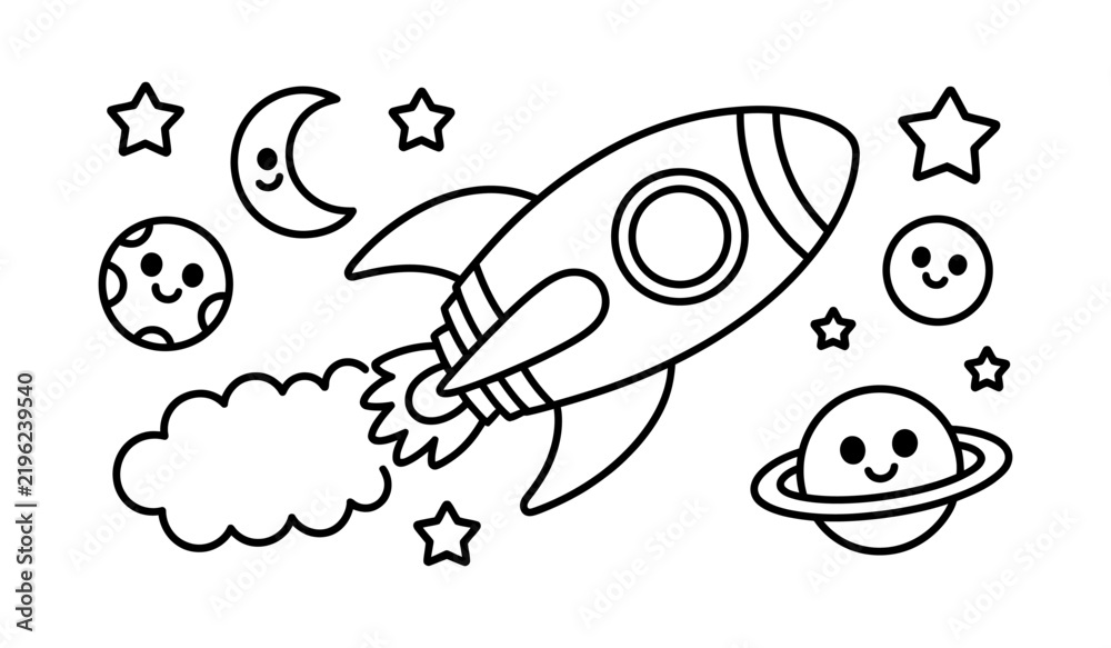 Obraz premium Cute cartoon rocket ship in space with planets and stars