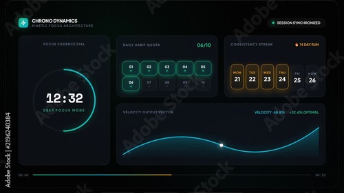 Digital dashboard interface with countdown timer and progress graphs