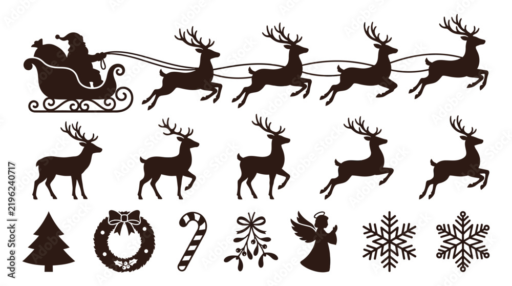 Fototapeta premium Christmas holiday vector illustration set featuring santa sleigh reindeers festive decorations snowflakes and seasonal winter elements