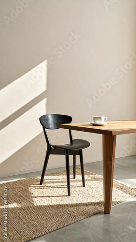 A modern black wooden chair and a wooden table with a cup on it placed on a rug in a minimalist room with sunlight streaming across the wall.