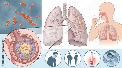 Pulmonary pathogen diagram: tuberculosis illness, cough infection, mycobacterium cell, respiratory disease, lung inflammation, immunity prevention, treatment recovery, medicine screening, tb diagnosis