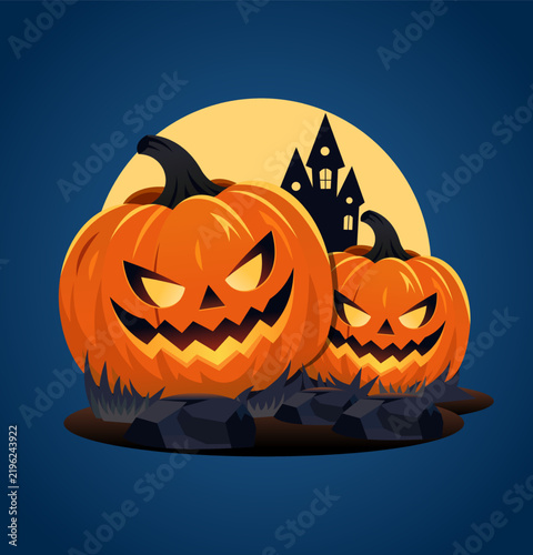 Halloween pumpkins with haunted house and full moon illustration