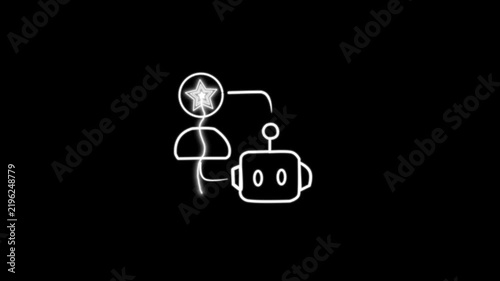Ai bot connected to human user with star idea icon animation, minimal black line art artificial intelligence assistant motion graphic on black background, 4k video uhd