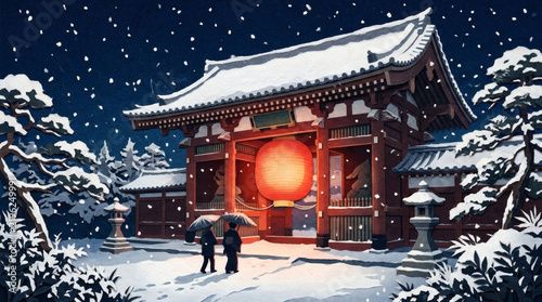 Tapety artystyczne 雪が舞う夜に大提灯の明かりが灯る伝統的な寺社の門と参拝客を描いたペーパークラフト風イラスト