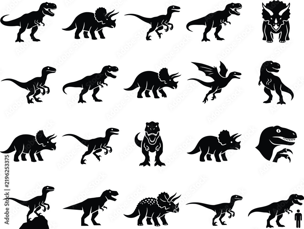Fototapeta premium Dinosaur Silhouettes Vector Set of Prehistoric Monster Species and Wildlife Icons