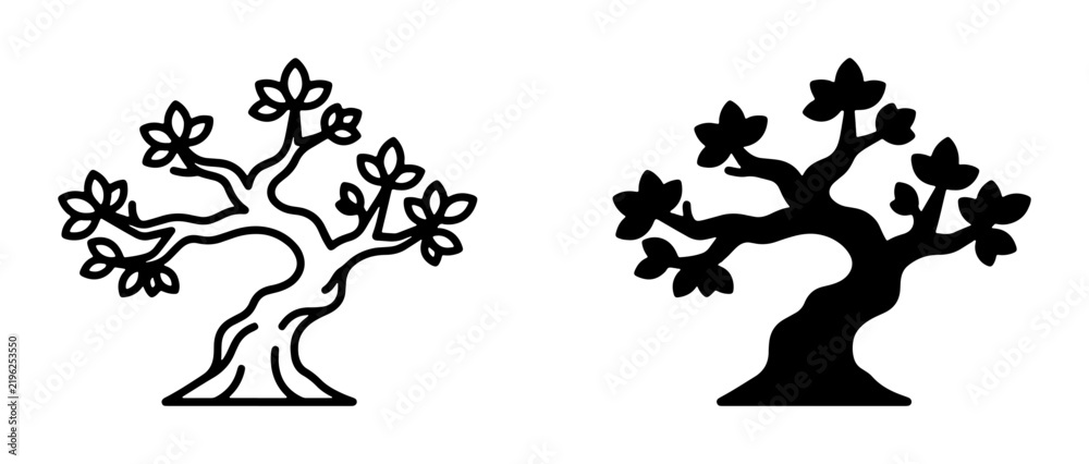 Fototapeta premium Stylized Tree Icons, Outline and Silhouette Vector Graphics for Nature and Growth Concepts