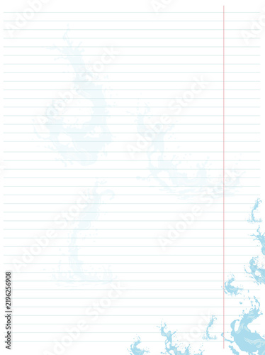 A minimalist notebook page template featuring light blue water splashes