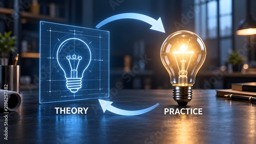Transformation of theoretical blueprint into practical glowing lightbulb demonstrating innovation and successful idea execution on modern office desk