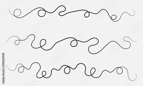 Long wavy thread set. Hand drawn vector swirls and dividers. Curls abstract scribble. Minimal black lines. Simple vintage elements isolated on white background. Vector illustration. Editable stroke . 