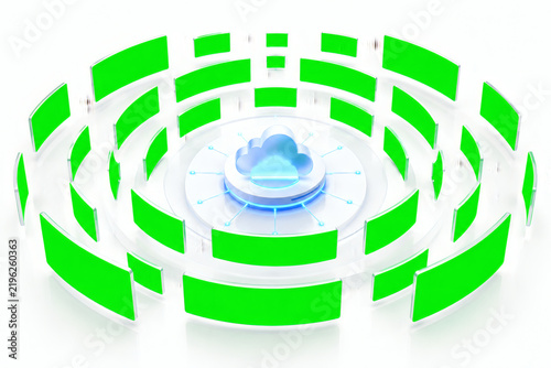 Innovative cloud technology concept with a digital screen array and central glowing hub