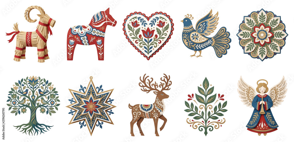 Fototapeta premium Set of Scandinavian folk Christmas ornaments including Dala horse straw goat reindeer angel and floral motifs for holiday cards crafting and festive patterns