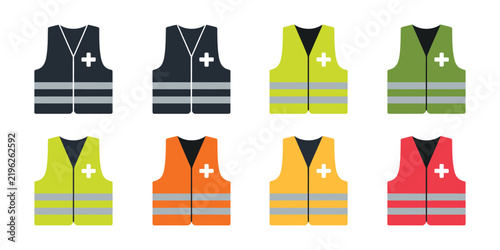Safety Vest Icons featuring high visibility work vests in orange, green, and yellow fluorescent colors for workplace safety, construction, and protective clothing