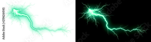 Lightning bolt glowing green electric fork strike with sparks for design projects in PNG, Transparent and Black Background Versions