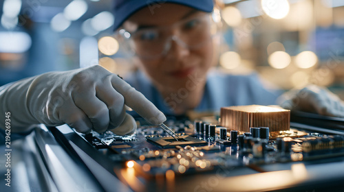 Side shot showing integration of circuit board and heat sink components during data center server assembly in a bright clean manufacturing facility natural lighting technical preci