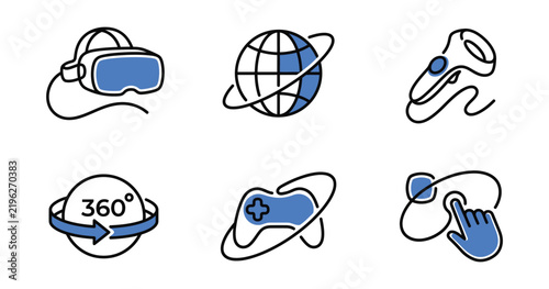 Virtual Reality Continuous Line Icon Set – VR Headset, Controller, Gaming, Virtual World and 360° Experience Vector Icons