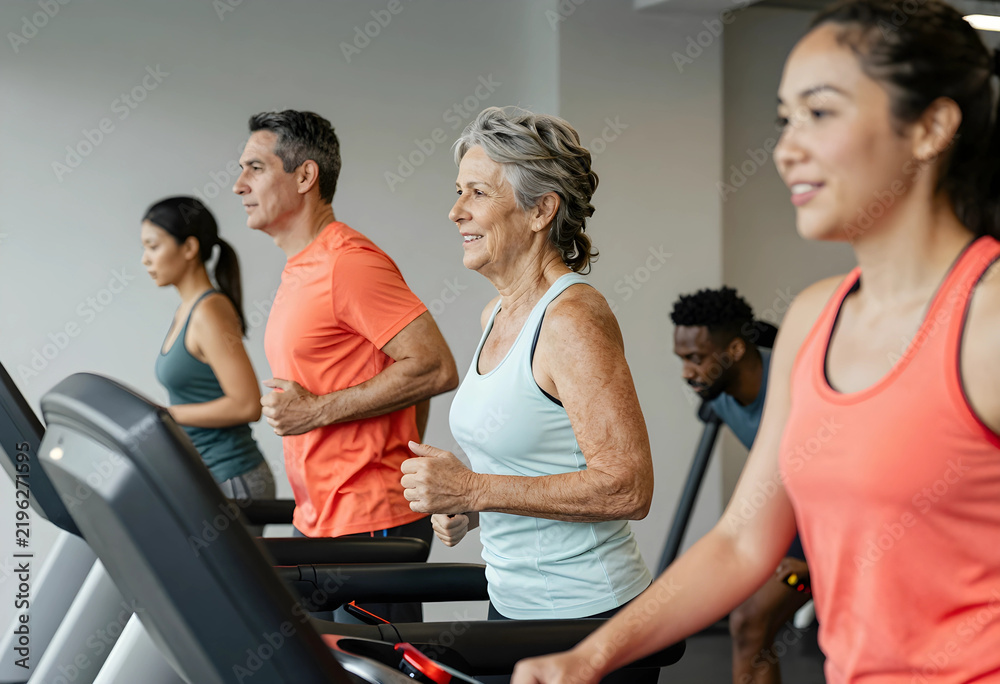 Obraz premium Healthy aging and fitness, diverse group of people running on treadmills in a gym for cardiovascular exercise and active lifestyle in a modern facility