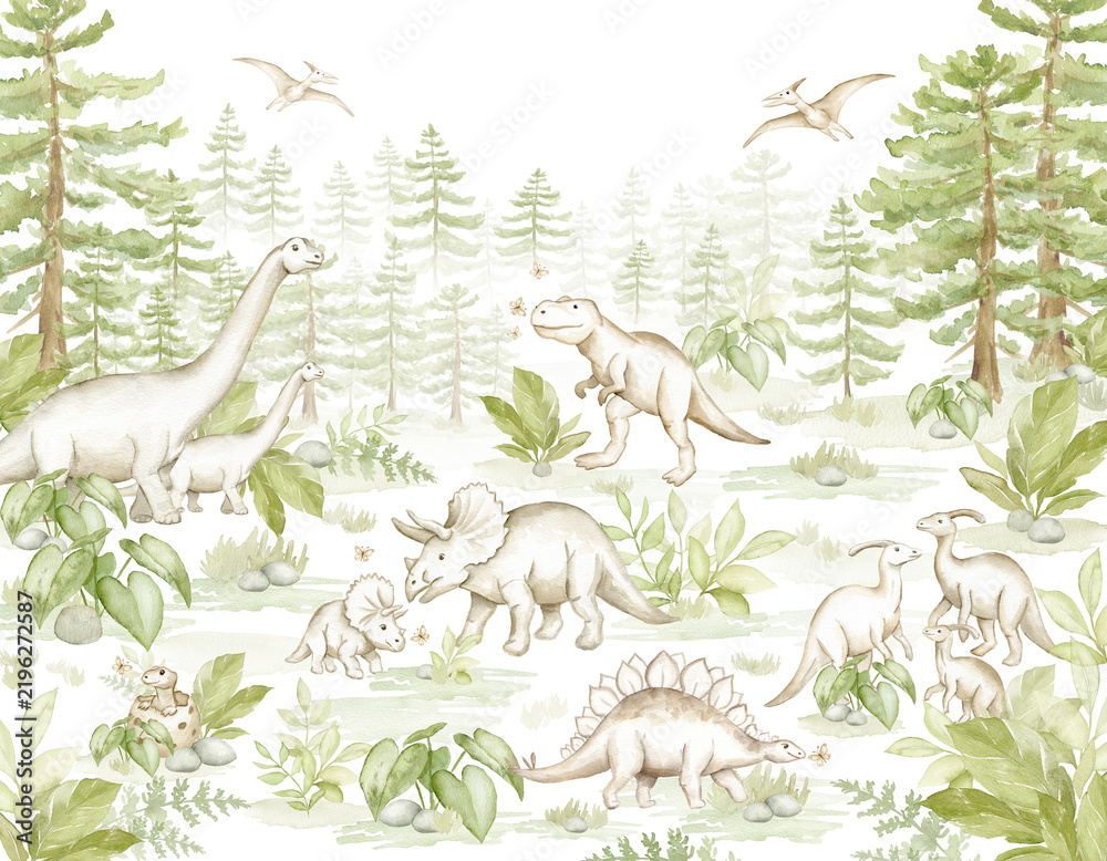 Obraz premium Watercolor Dinosaur Family Scene in Prehistoric Forest