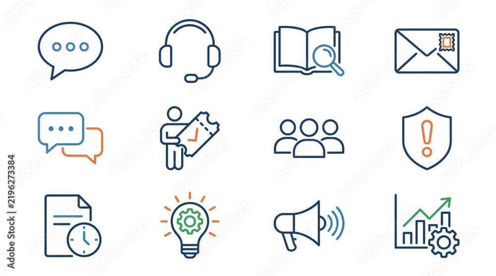 Fototapeta premium Creative Set of Twelve Minimalist Blue and Orange Icons Representing Customer Support Research Communication Security Innovation and Analytics