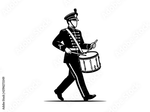 Quadro su tela Vintage marching band drummer vector illustration, black and white parade musici
