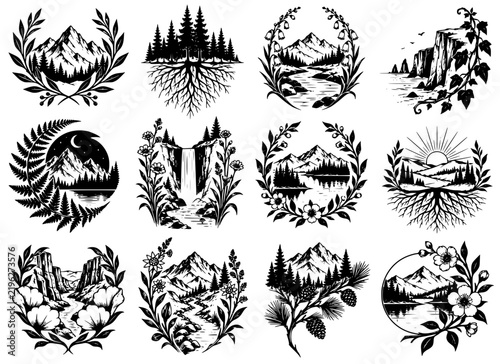 Botanical Mountain and Nature Landscape Illustration Set
