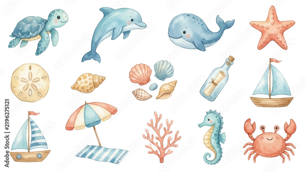 Obraz premium Coastal summer treasures, sea animals and beach style. Collection of Vector illustrations for invitation, card, poster, banner, decoration