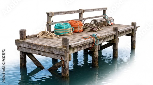 Wooden fishing pier with colorful ropes and metal traps