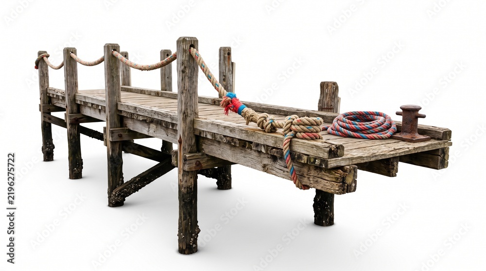 Naklejka premium Old wooden pier dock with rope and mooring bollard