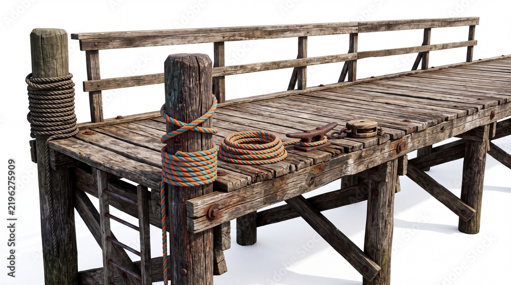 Naklejka premium Wooden pier bridge with rope and lifebuoy on the deck