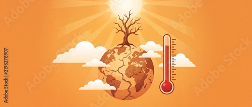Illustration of dry cracked Earth with dead tree and rising heat