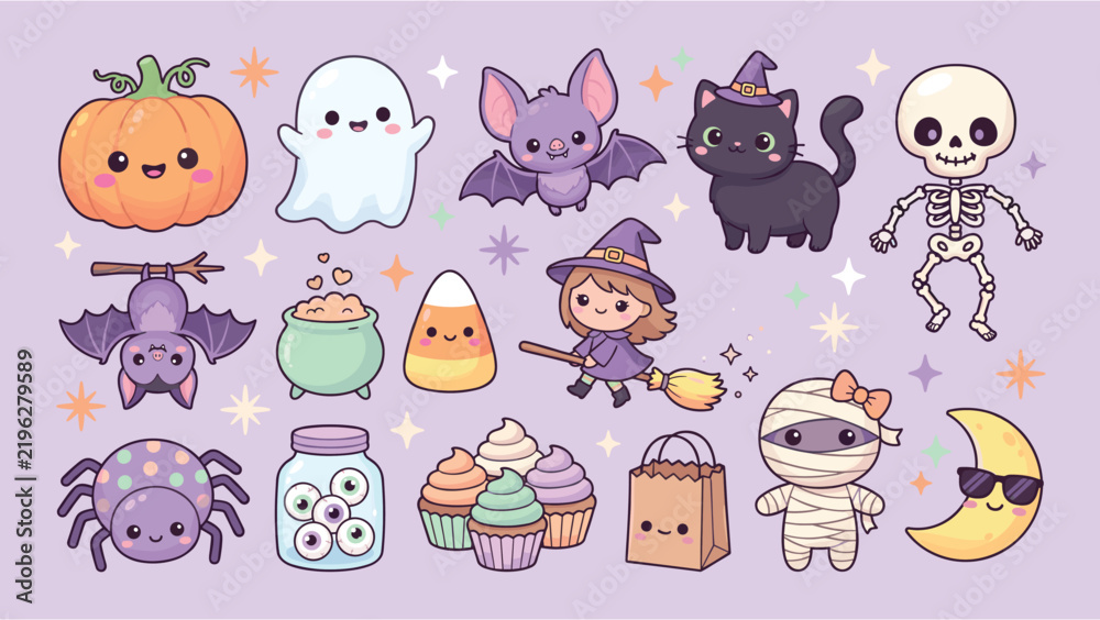Obraz premium Halloween Kawaii Characters Vector Pumpkin Ghost Cat Skeleton Cute Sticker