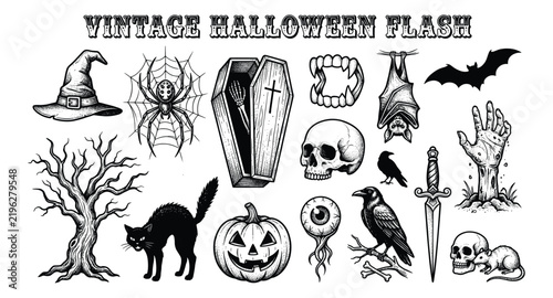 Halloween Vintage Flash Tattoo Vector Witch Skull Bat Pumpkin Black Gothic