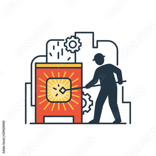 Flat vector illustration of a worker silhouette turning a crank on a money-making machine featuring gears, a glowing coin, and a feeding document