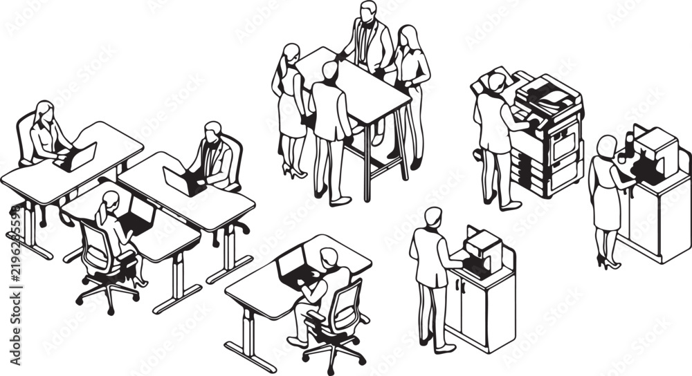 Fototapeta premium Black and white isometric vector illustration of business people working together in an office environment