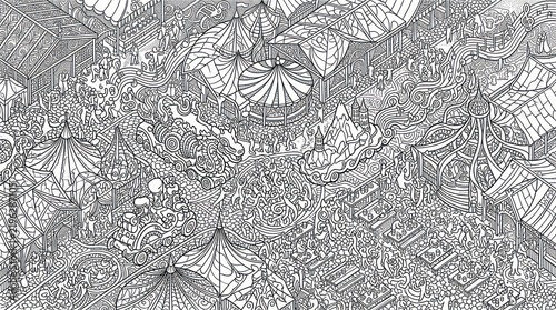 Detailed medieval fantasy festival coloring page with tents and crowd